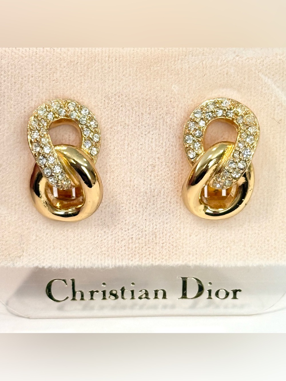 New Vintage Christian Dior Gold Tone Rhinestone Knot Clip On Earrings Chunky